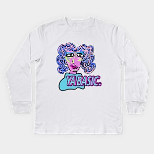 Ya basic drawing of a girl with curly hair, big eyes in blue, pink, purple and green Kids Long Sleeve T-Shirt